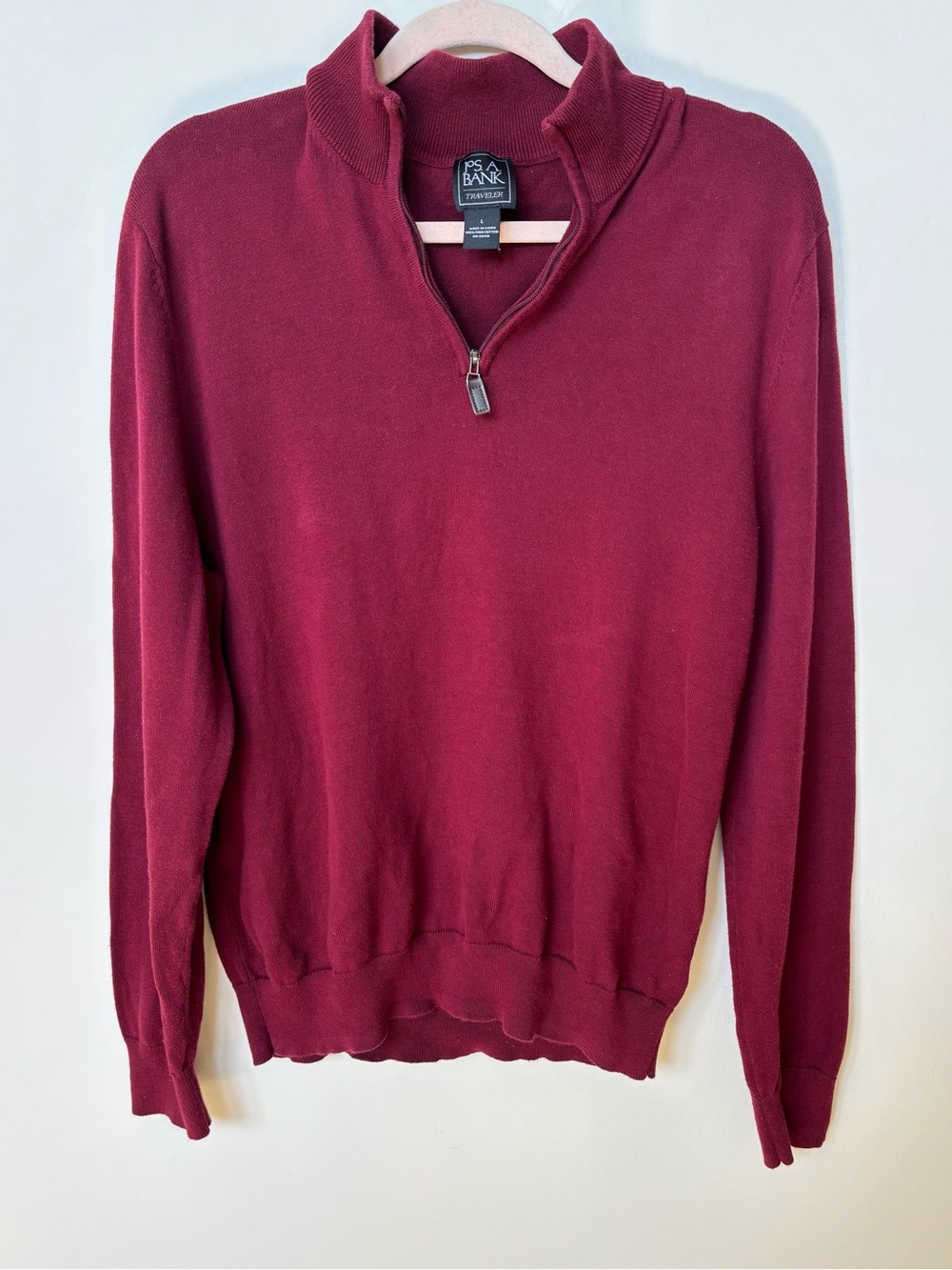 Jos A Banks men’s travelers lightweight 1/4 zip sweater L Burgandy office casual